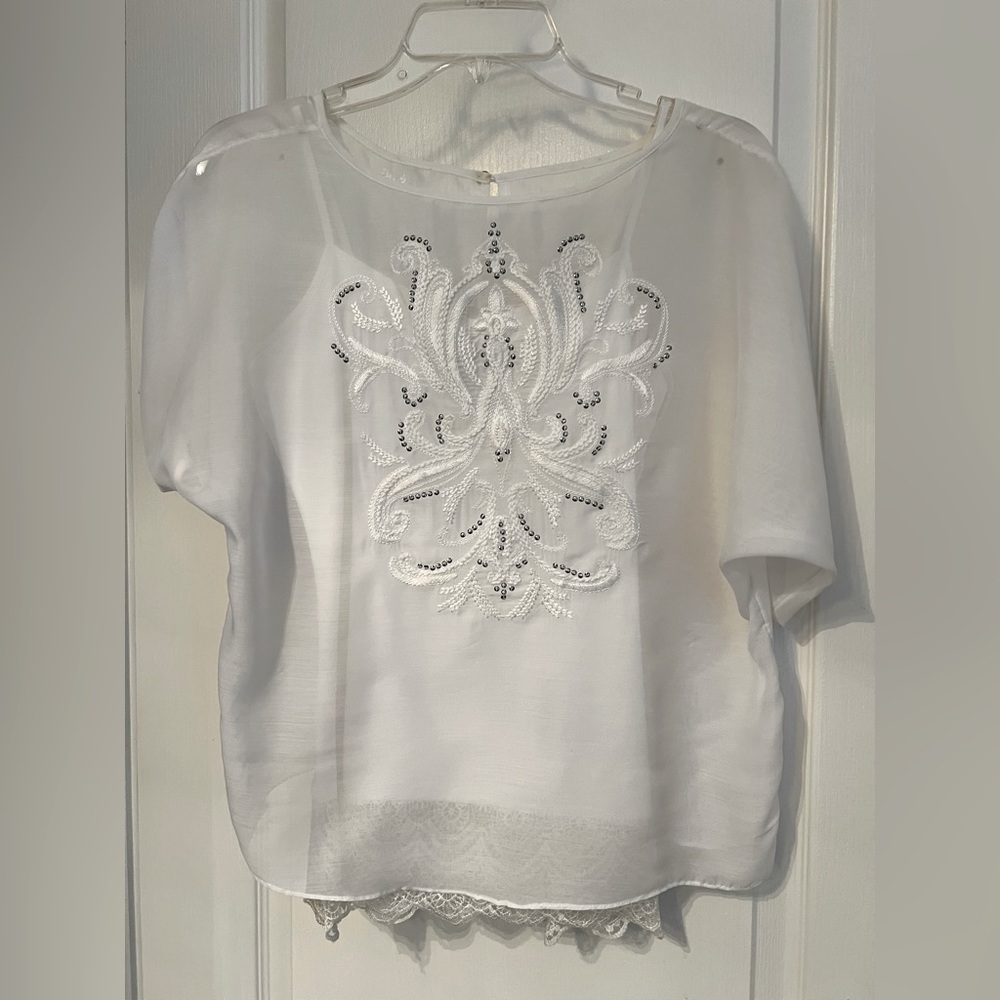 White House Black Market embroidered sheer white top with decorative camisole